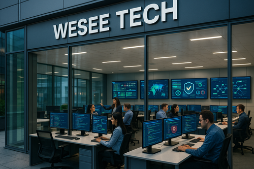 World Class Software systems by WESEE TECH with every kind of safety systems and every kind of matrix in all colour with alot of team work in big building with company name outside written WESEE TECH